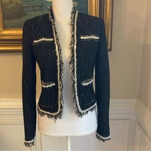 REBECCA TAYLOR Black White Tweed Fringe Chain Cropped Jacket